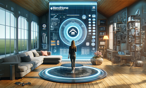 Woman interacts with Mendhome app on holographic display in smart home.