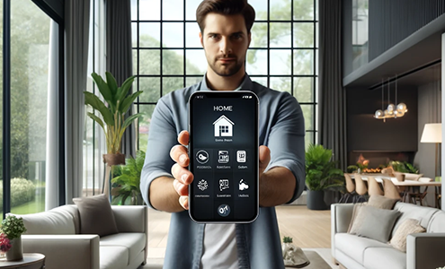 Man using Mendhome app in modern living room with garden view, symbolizing efficient home management.