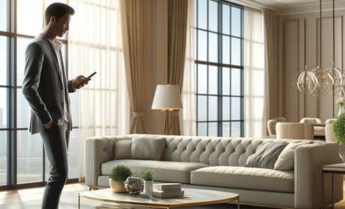 Modern living room with sunlight and man using home management app on smartphone.